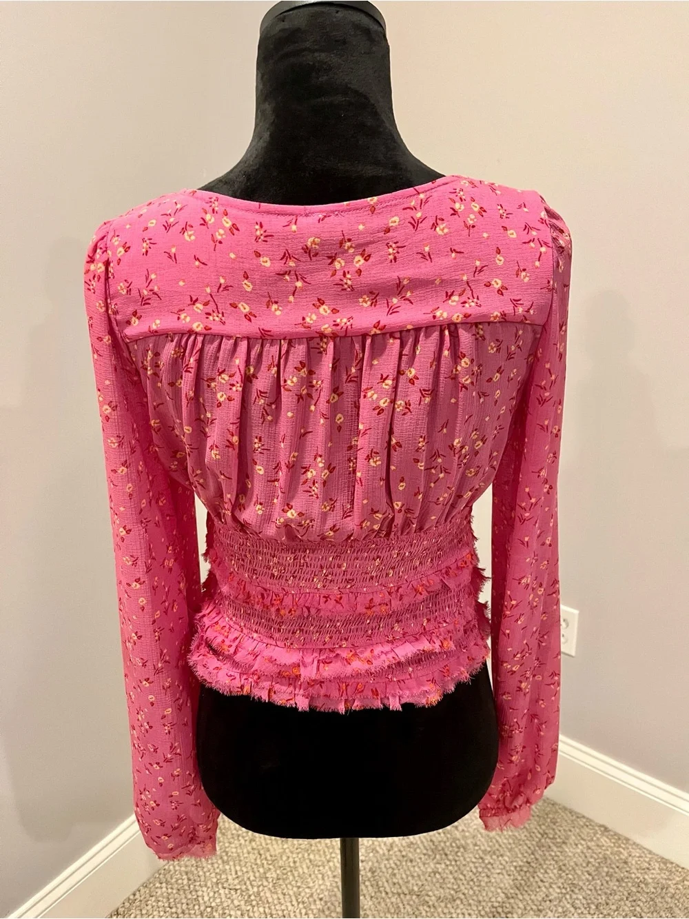 Free People Pink Floral Smocked Long-Sleeve Top- small